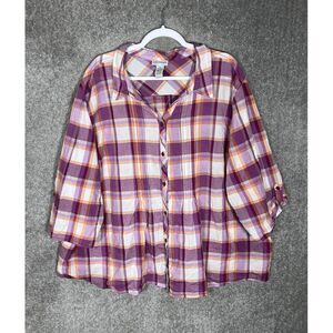 Catherines Button Up Top Women Size 4X Purple Plaid Lightweight Cotton Pintucks‎